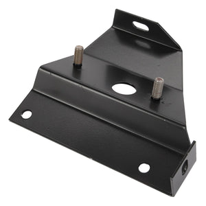 The AGCO BRACKET - D28185668, a black metal bracket with two protruding screws and several drilled holes—including a large central hole—is displayed against a white background. This straightforward yet functional piece of hardware is from the AGCO brand.