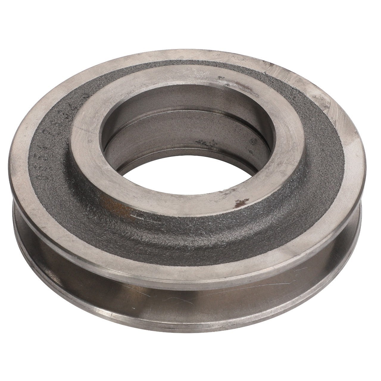 Introducing the AGCO PULLEY, TENSIONER - D26745185: a premium silver metal wheel hub characterized by its textured surface and central hole, designed specifically for automotive applications. Note: Detailed product description information is currently unavailable.