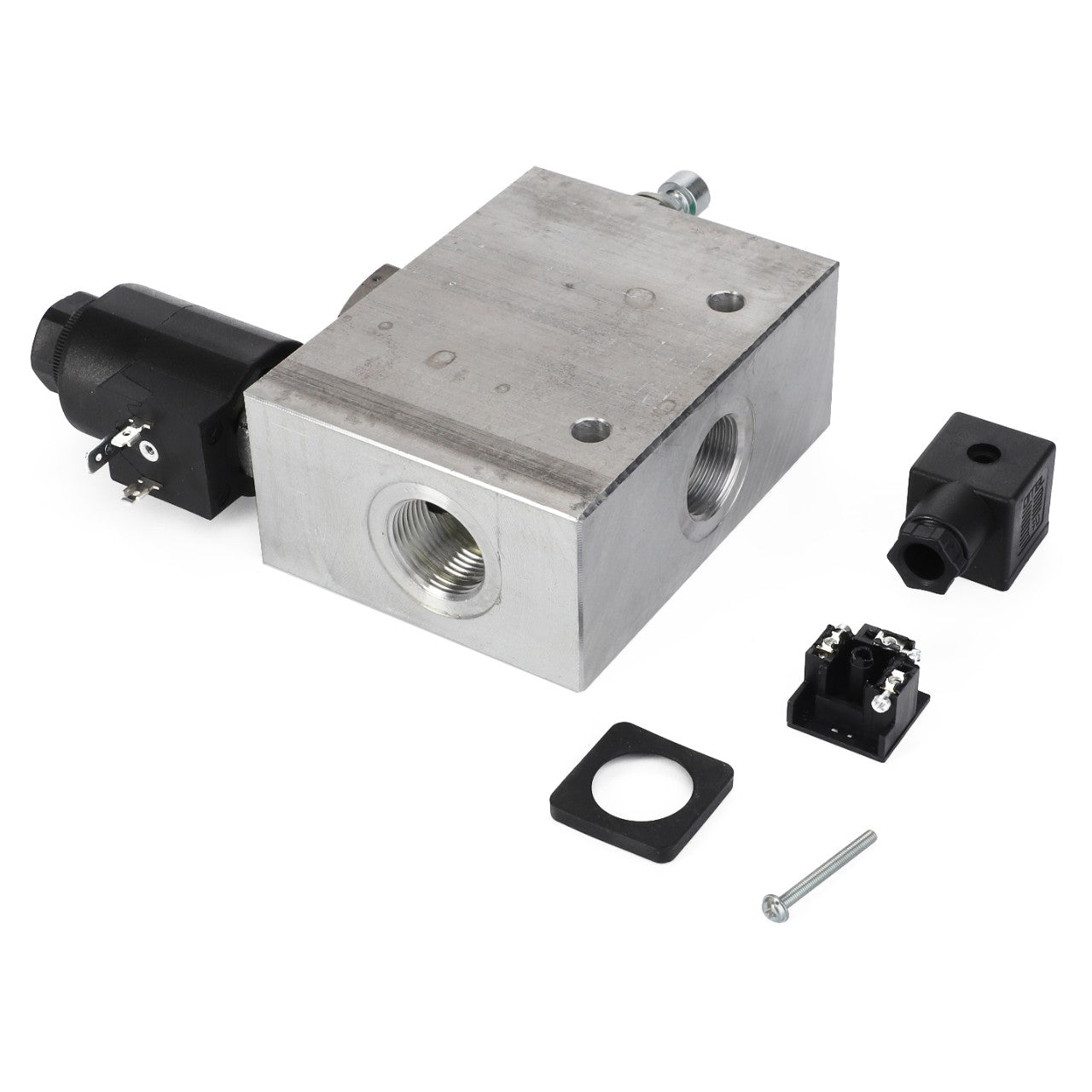 The AGCO BYPASS - D45110053 is a metal hydraulic valve block featuring several threaded ports, and it comes with a detached black solenoid coil, a rubber gasket, electrical connector components, and a small silver screw. No additional product description information is available at this time.