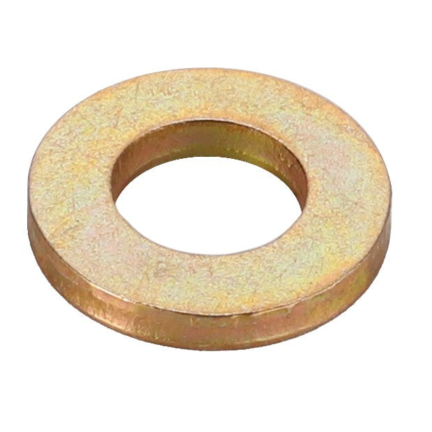 A close-up image of the AGCO FLAT WASHER - CH8T-4205, a gold-colored metal washer with a circular hole in the center. Brand: AGCO. 

