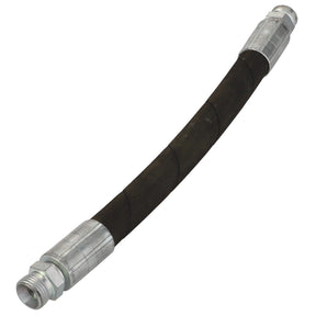 The AGCO | Hydraulic Hose - Acx236939A is a high-performance black rubber hose equipped with metal connectors at both ends, designed to be abrasion-resistant and ideal for fluid or gas transfer. Known for its reliability, this AGCO product ensures superior durability in demanding conditions.