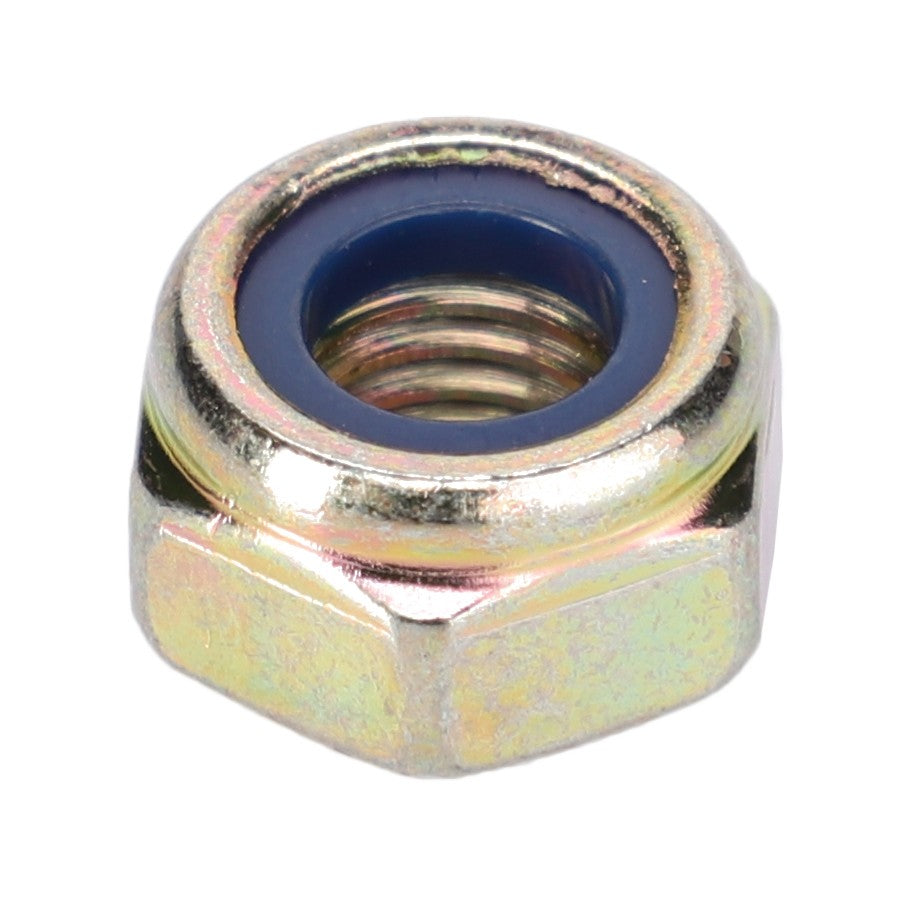 Close-up of the AGCO Hex Nut - Fel108441, featuring a metal hexagonal design with internal threading and a blue nylon insert, perfect for ensuring a tight and secure fit.