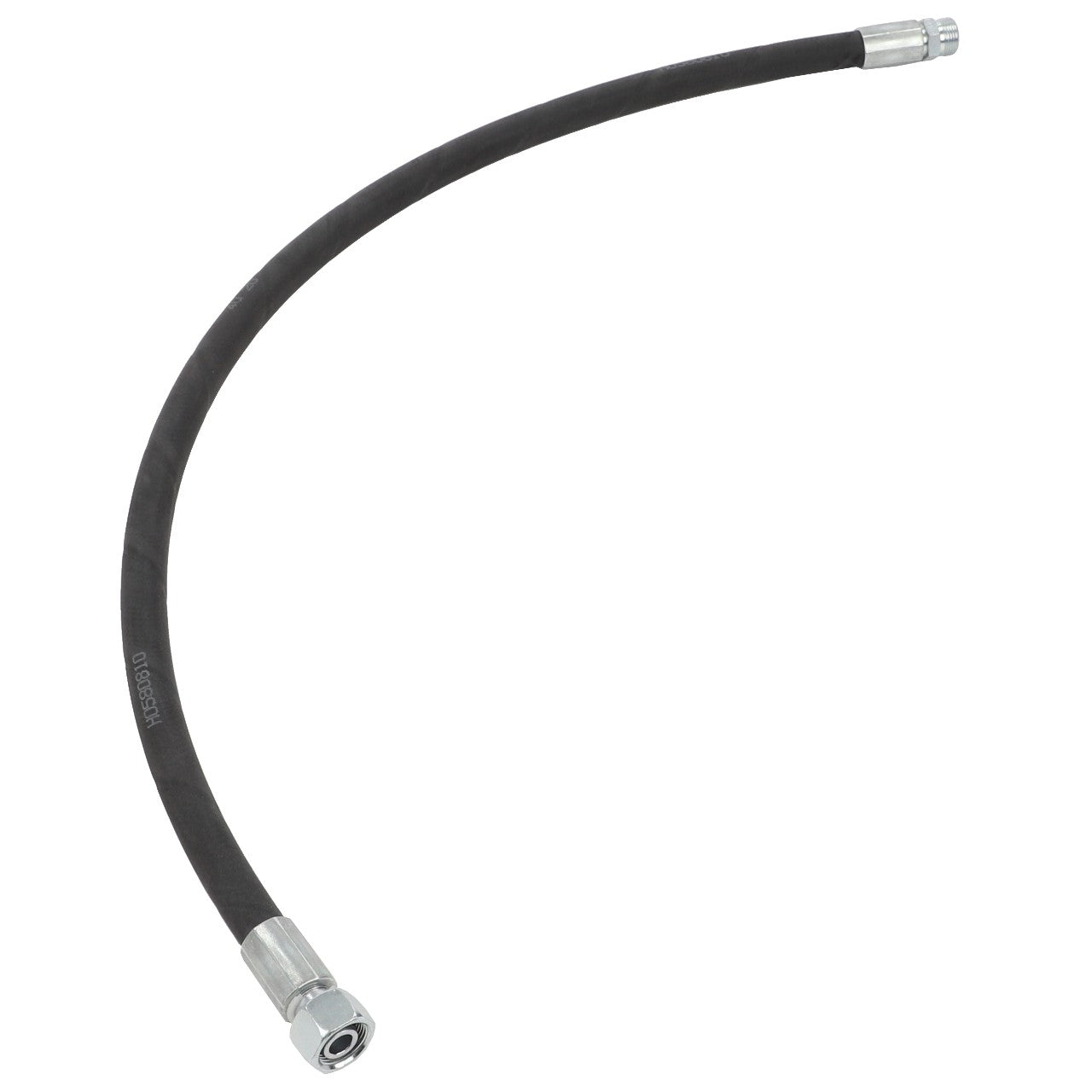 The AGCO Hydraulic Hose - Acw0222570, a black flexible rubber hose with metallic connectors on both ends, is curved in an arch shape against a white background.