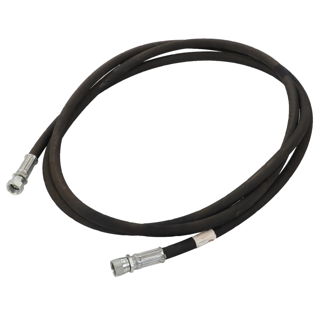 The AGCO Hydraulic Hose - Acp0015860 is a sturdy, black coiled rubber hose equipped with a metal connector on each end.