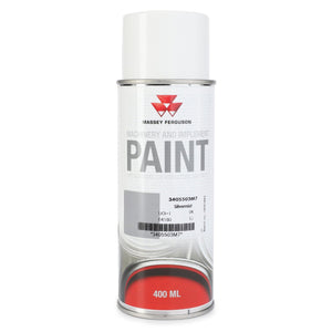 A 400 ml can of AGCO Machinery and Implement Paint, labeled "3405503M7" with a description "Silvermist." This quick-drying touch-up aerosol paint features a white cap and partially visible red paint on the bottom, ideal for coating metal surfaces.