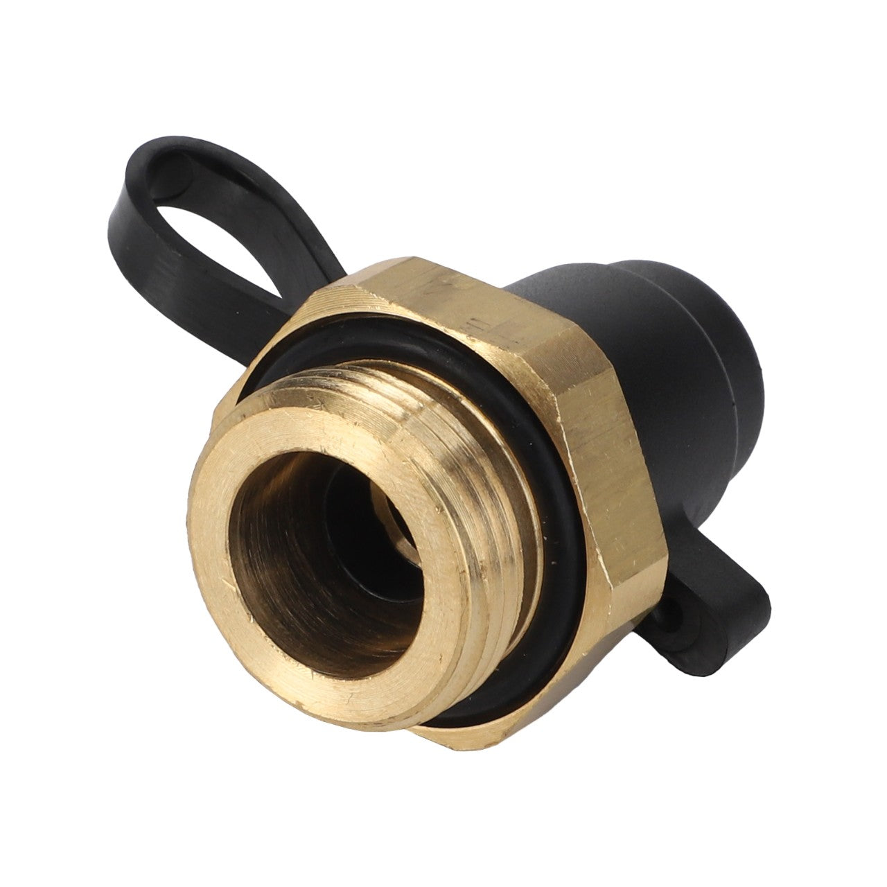 Current product description information for the AGCO | Pressure Intake - Acw1172710, a brass and plastic hose connector that features a black rubber ring and a flexible black plastic strap attached to the back, is not available.