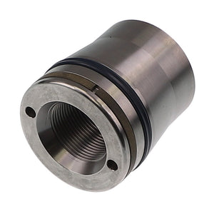 The AGCO | PISTON - AL12706512 is a cylindrical metal mechanical component with internal threading and a circular flange that has two holes on the outer end. Currently, there is no additional product description information available for this item.