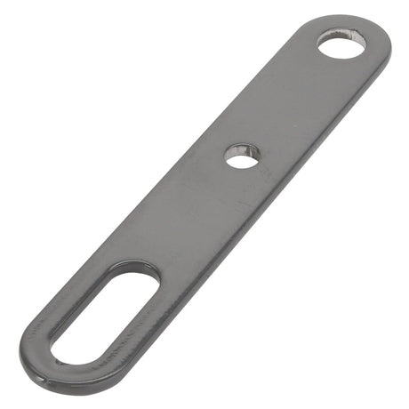 The AGCO Lever - Acw4817770 is a metallic flat bracket featuring three holes: an oval-shaped hole on one end, a small round hole in the center, and a larger round hole on the other end. No current product description information is available.