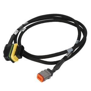 No current product description information is available for the AGCO Rotor Performance Wire Harness - Acx3395240, a black, coiled electrical cable featuring connectors at both ends: one with a multi-pin plug and the other with a rectangular, multi-slot connector.