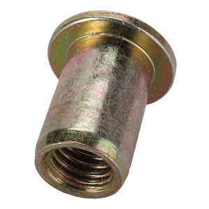 A close-up image of an AGCO | BUSH - D41028300 threaded metal insert nut with a flanged head from AGCO. The nut has a slightly worn or used surface finish, but no current product description information is available.