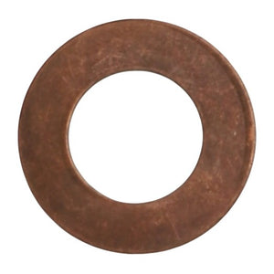 The AGCO | DISC - F718960030080 is a copper flat washer with a circular shape, featuring a central hole and a slightly weathered surface—ideal for use in Massey Ferguson or Fendt Vario 2WD/4WD models.