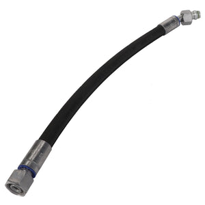 Presenting the AGCO | Hose - Acp0323830, a black and flexible hydraulic hose featuring silver metal fittings on both ends. This product has been meticulously crafted by AGCO for transferring fluid under pressure.