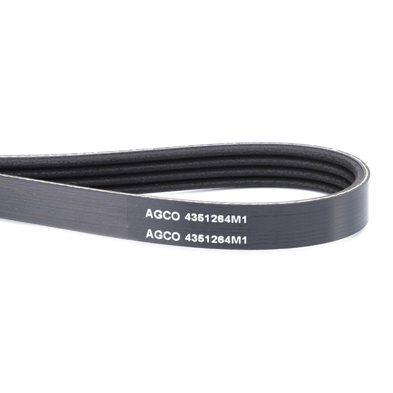 A black AGCO Serpentine Belt, Pk4 Profile (4351264M1) coiled in an oval shape. The belt, compatible with Massey Ferguson and Fendt models, features a smooth surface with visible identification text.