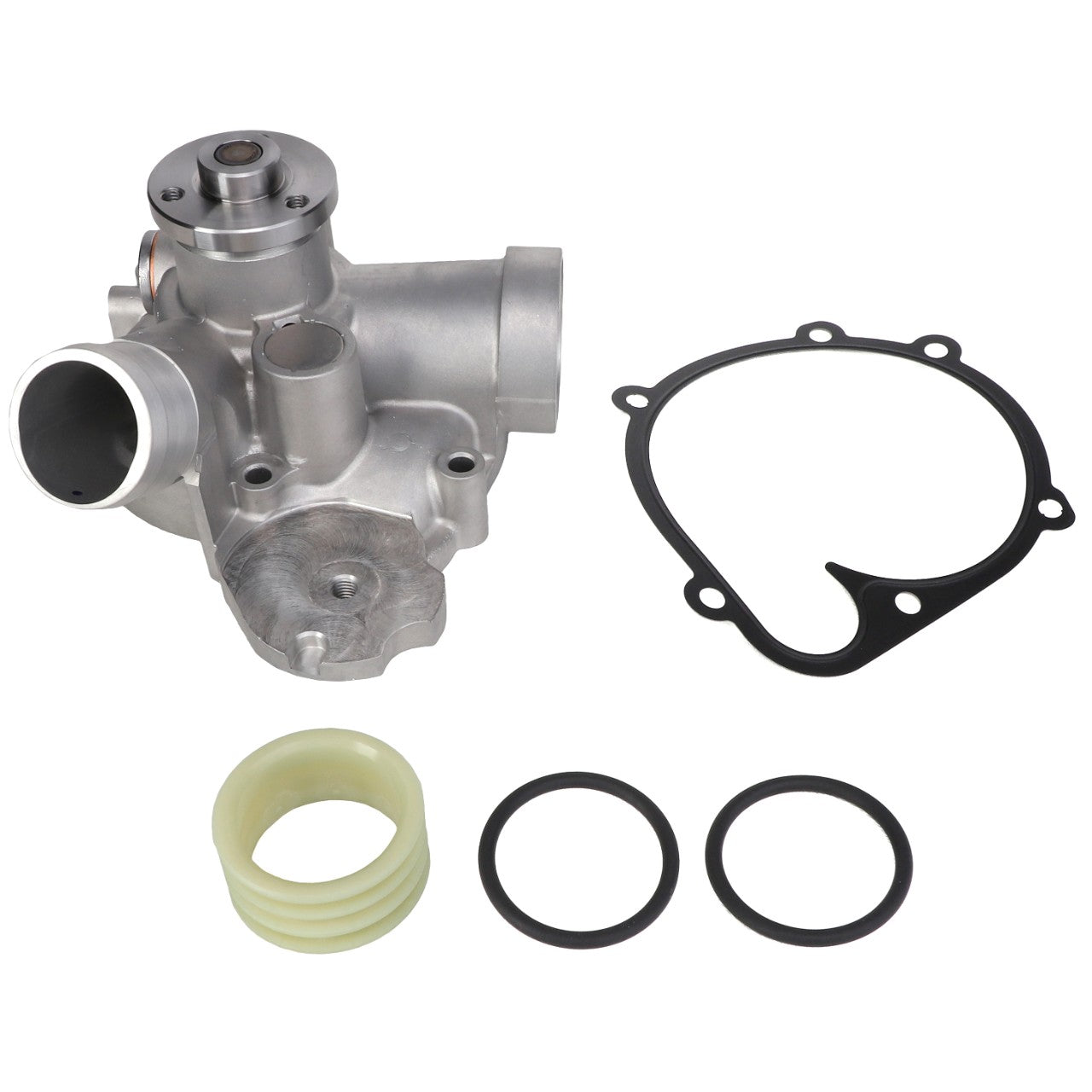 The AGCO Water Pump Kit (M219Pf150008A) for Valtra includes a metal pump assembly, a black gasket, two black O-rings, and a light-colored circular component.