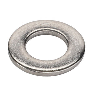 A close-up image of the AGCO WARNING DECAL - ACP0534990, a metallic flat washer with a central hole that is typically used to distribute the load of a threaded fastener. No current product description information is available for this AGCO item.