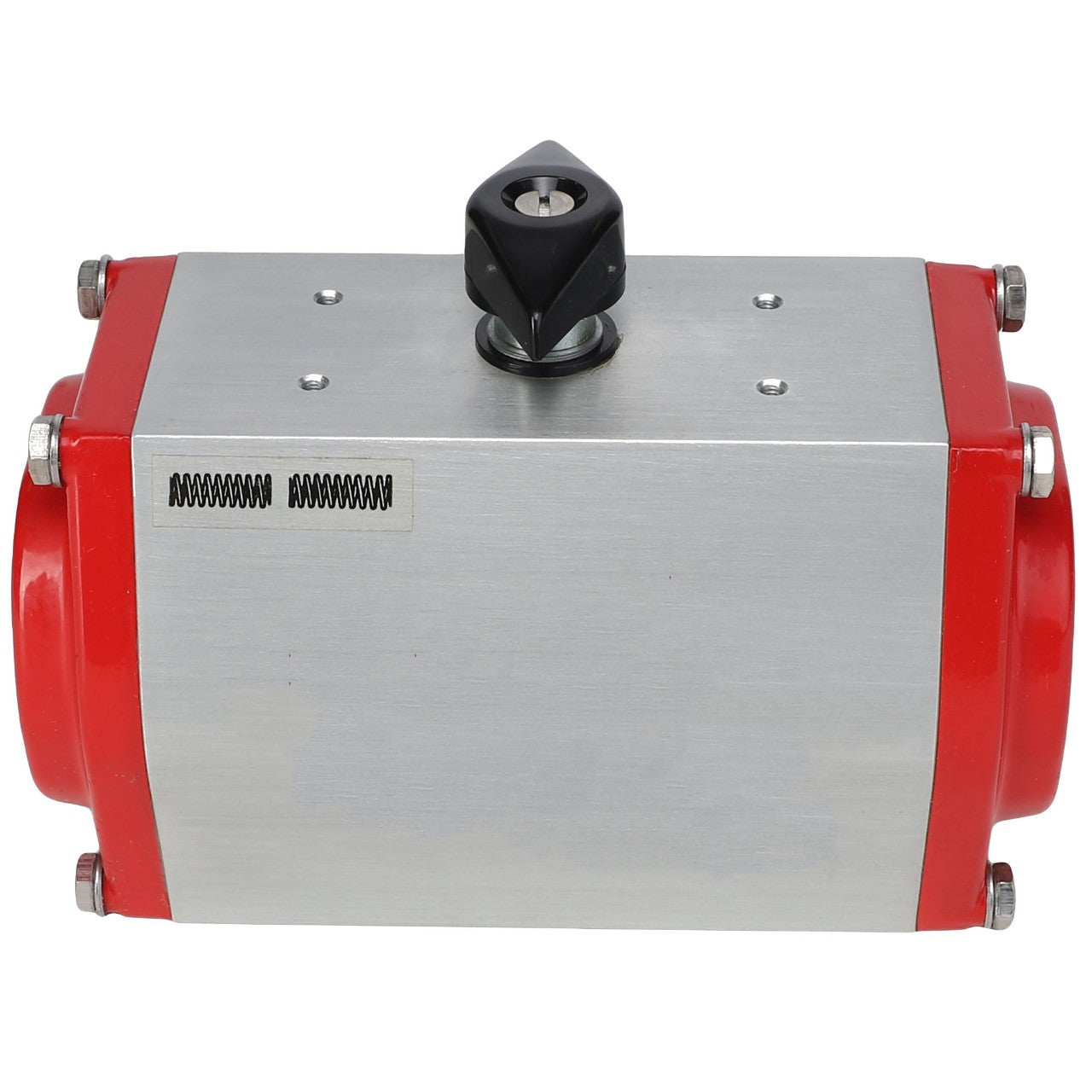 The AGCO | ACTUATOR - AG331616 is a rectangular metallic device equipped with a valve lever and red end caps, along with a spring and several screws. Please note that no current product description information is available.