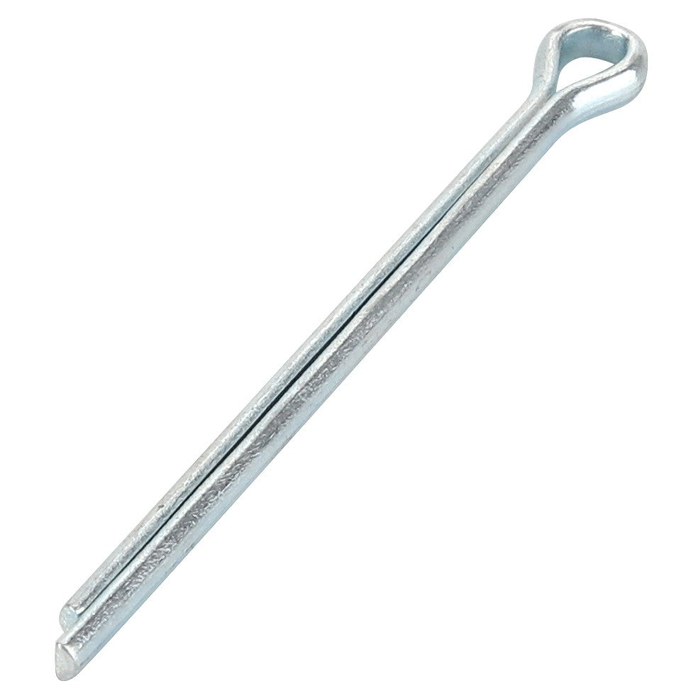 A close-up image of the AGCO PIN - D46150606, a metallic cotter pin with a looped end and split shank, showcasing its intricate structure. No current product description information is available for this item.