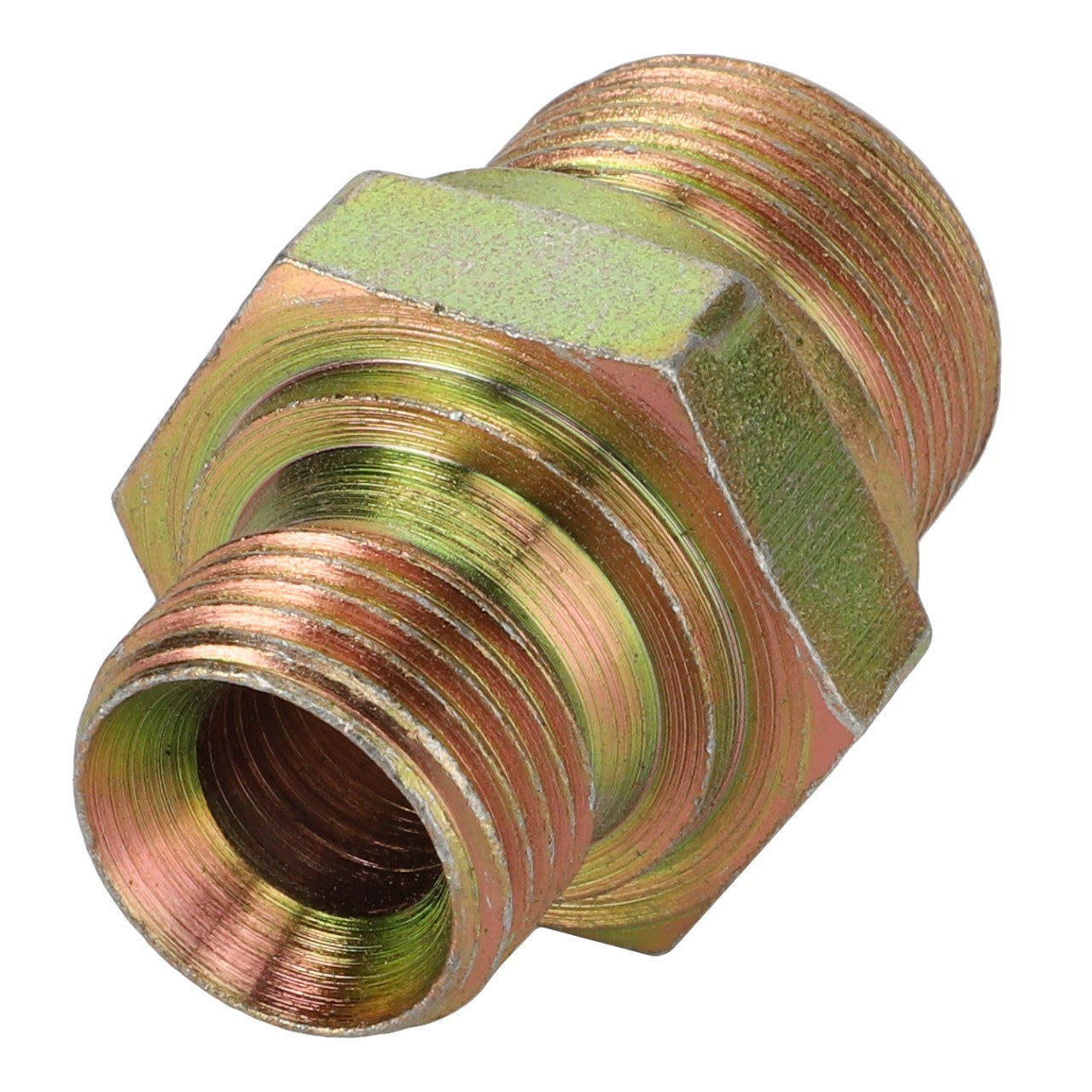 The AGCO | ADAPTER - AL1120065 from AGCO is a metallic hex nipple adapter featuring threaded ends, designed to connect two different sized pipes or fittings in plumbing or hydraulic systems. It offers an attractive combination of gold and bronze hues. No current product description information is available.