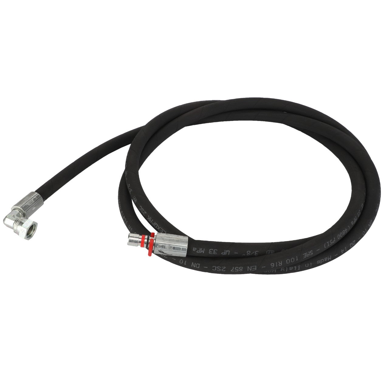 Currently, there is no available product description for the AGCO | HOSE - AL9032532, a black coiled hydraulic hose featuring metal fittings on both ends and red and silver bands near one of the fittings.