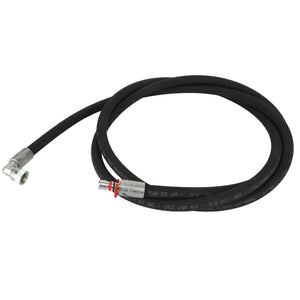 Currently, there is no available product description for the AGCO | HOSE - AL9032532, a black coiled hydraulic hose featuring metal fittings on both ends and red and silver bands near one of the fittings.