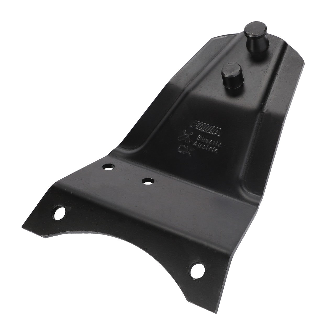 The AGCO Blade Holder - Fel140308 is a black metal bracket featuring multiple holes and two raised cylindrical protrusions, marked with "FELLA" and "Made in Austria." This genuine AGCO part ensures maximum uptime.