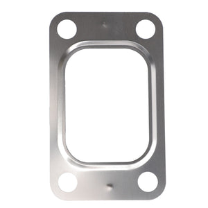 The AGCO | Gasket, For Turbo - 4222247M1 from AGCO features a metal bracket with four circular holes, one in each corner, and a rectangular recessed center. It is ideal for Massey Ferguson models handling high exhaust gas temperatures.