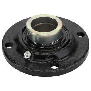 The AGCO | BEARING - D49070362 is a black circular mechanical part featuring a metal bearing at its center and four bolt holes around the edge, suitable for various applications.