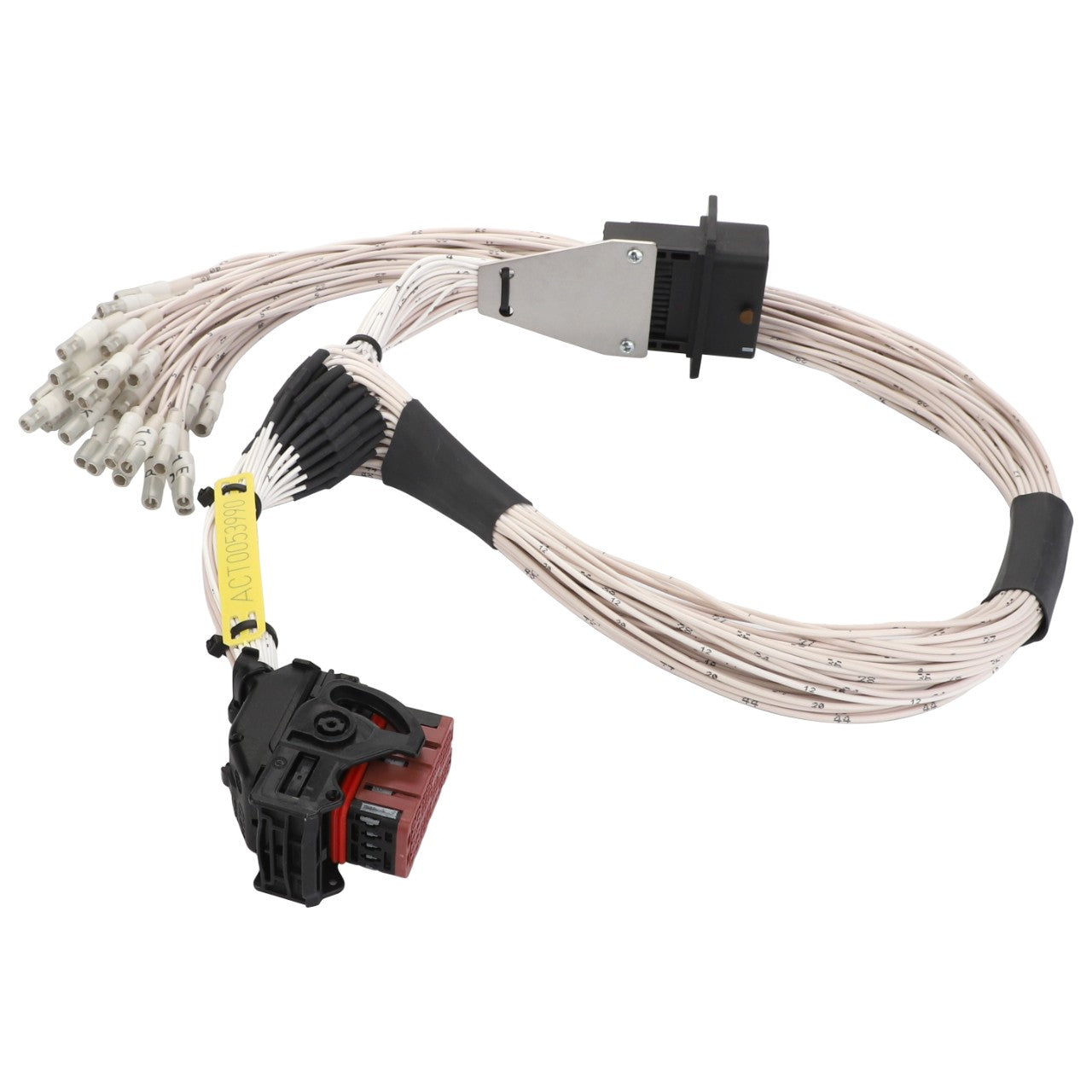 The AGCO Harness - Act0053990 is an electronic wiring harness featuring multiple white wires connected to a black and red connector at one end and a larger black connector at the other. No current product description is available beyond these specifications.