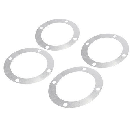 Four circular metal gaskets with evenly spaced bolt holes, part of the AGCO | Kit, Shims - 4-1220-0079-0 and compatible with Valtra machinery, are arranged on a white background.