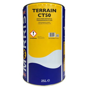 A 25L can of Oil - VACC3128 high-performance transmission fluid by AGCO, suitable for Massey Ferguson, with warning labels and product information on the yellow and blue label.