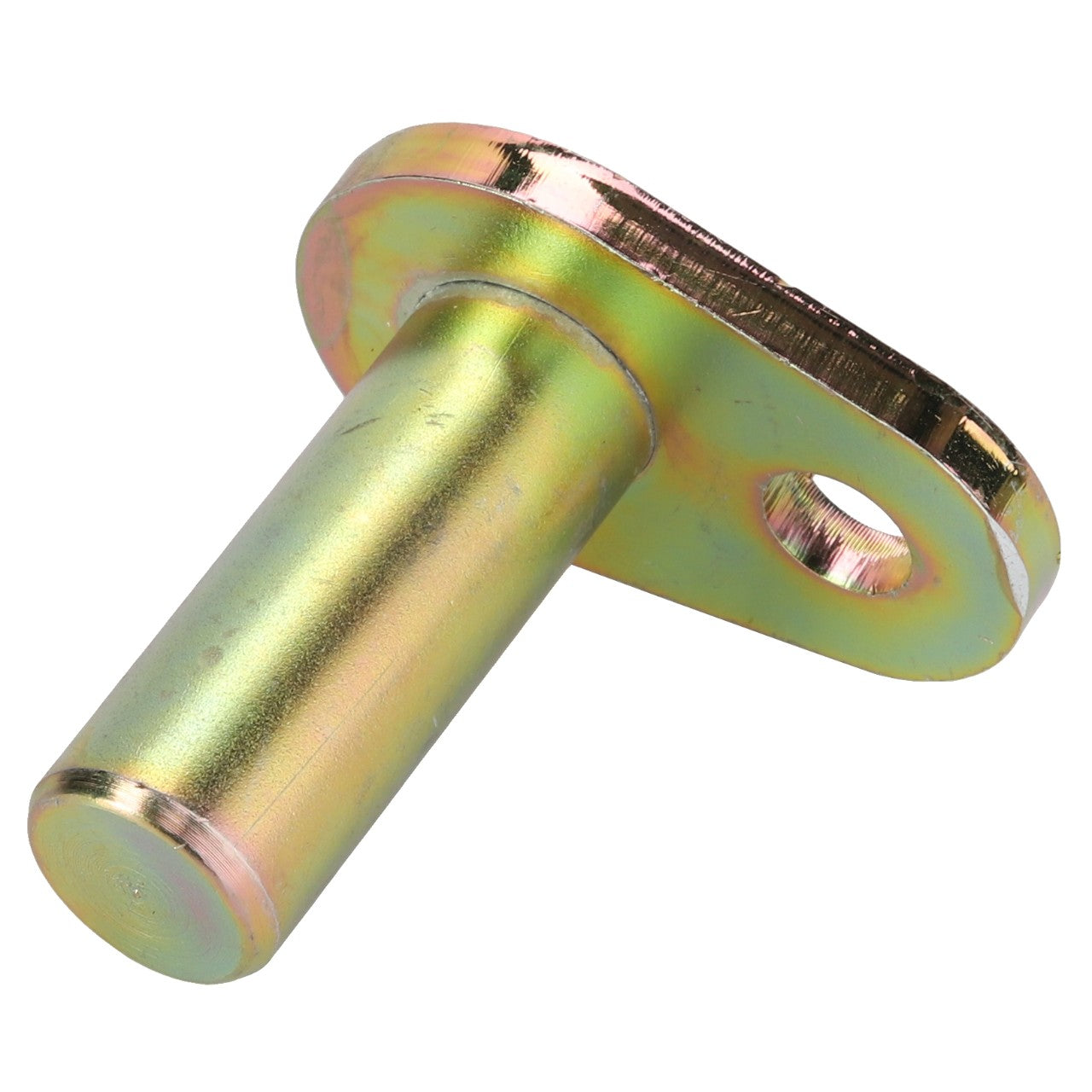 The AGCO Pin - Acp0205380 by AGCO is a gold-colored metal hinge pin with a slightly reflective cylindrical body and a mounting plate featuring a single hole.