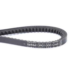 A close-up image showcases the AGCO V-Belt - X696613901000 with a printed alphanumeric code on its black toothed surface, ensuring optimal performance for Fendt models.