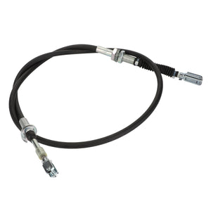 The AGCO Cable - Acp0666350 is a black automotive parking brake cable with metal fasteners on both ends, coiled into a loop. No current product description available.