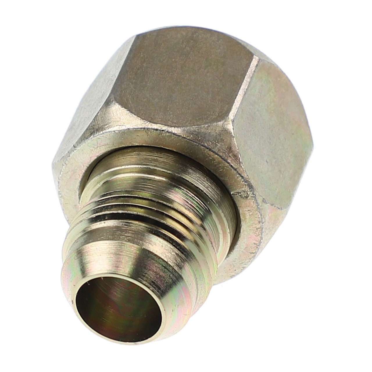 A metallic hexagonal pipe fitting with a smooth, threaded end. Product: AGCO | ADAPTER - AG562502 by AGCO. Product Description Not Available.