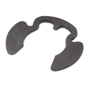 A small, dark metal retaining clip with a distinctive, irregular shape and an open center, compatible with various Massey Ferguson models, known as the AGCO External Retaining Ring - 368233X1.