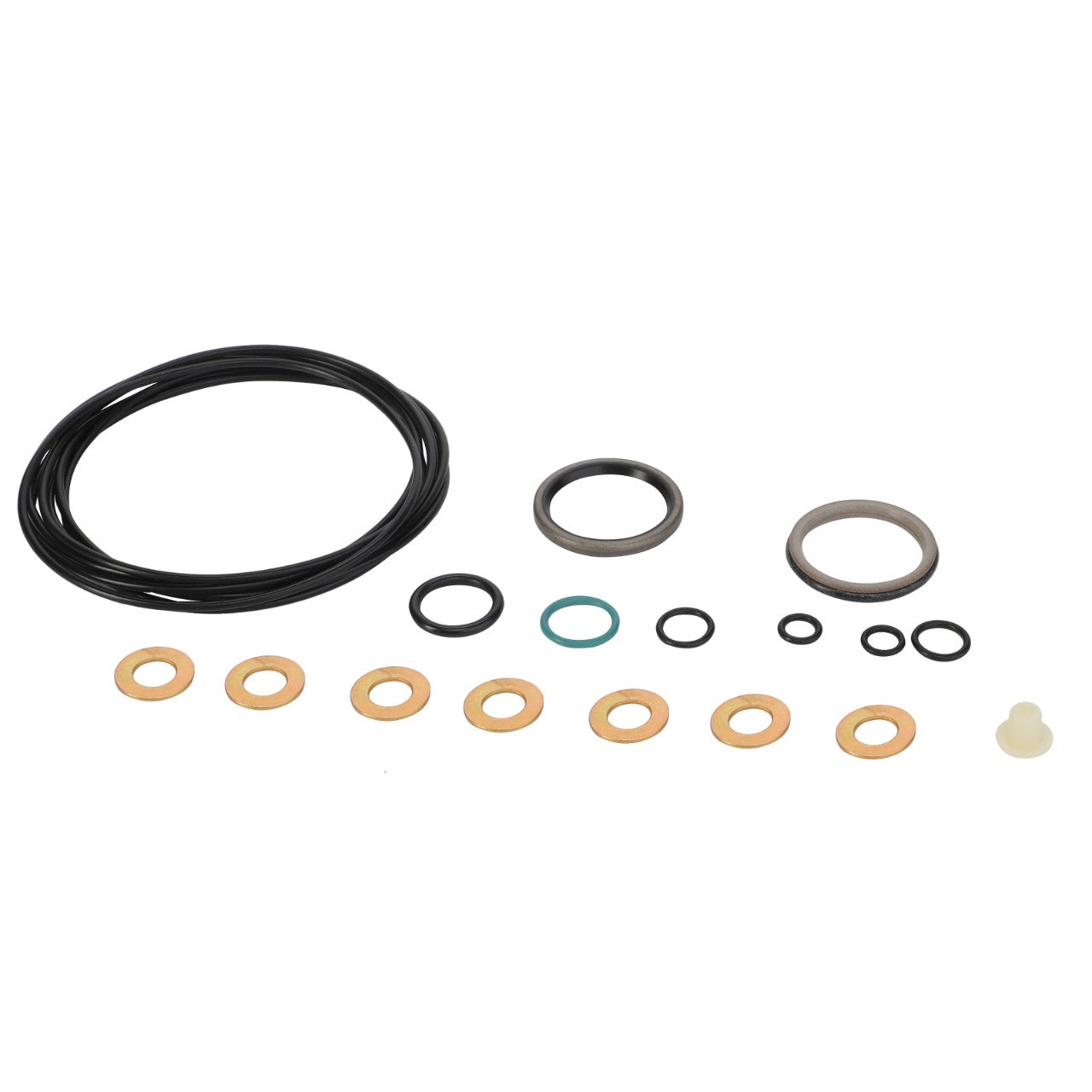 A collection of variously sized O-rings and washers from the AGCO Seal Kit - F718400090010, neatly arranged in rows against a white background.