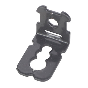 Close-up of the AGCO | Harness Bracket - Acw1811330, a black metal bracket featuring multiple holes for mounting and securing purposes. The bracket has a speckled finish. No current product description information available from AGCO.