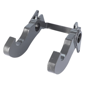 No current product description available for the AGCO Hook - Acw016732D, a metal coupling hitch for heavy equipment featuring two curved hooks and a connecting bar.