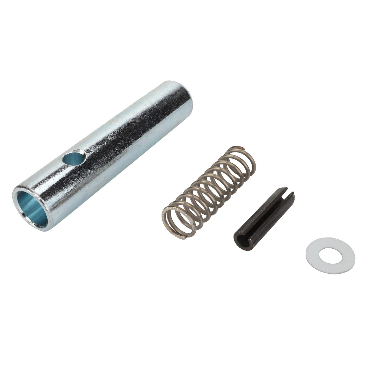 A cylindrical metal tube, a coiled spring, a black metal pin labeled AGCO | LOCKING PIN - F816500070140 from the AGCO brand, and a flat washer are arranged on a white background. No current product description information is available for these parts.