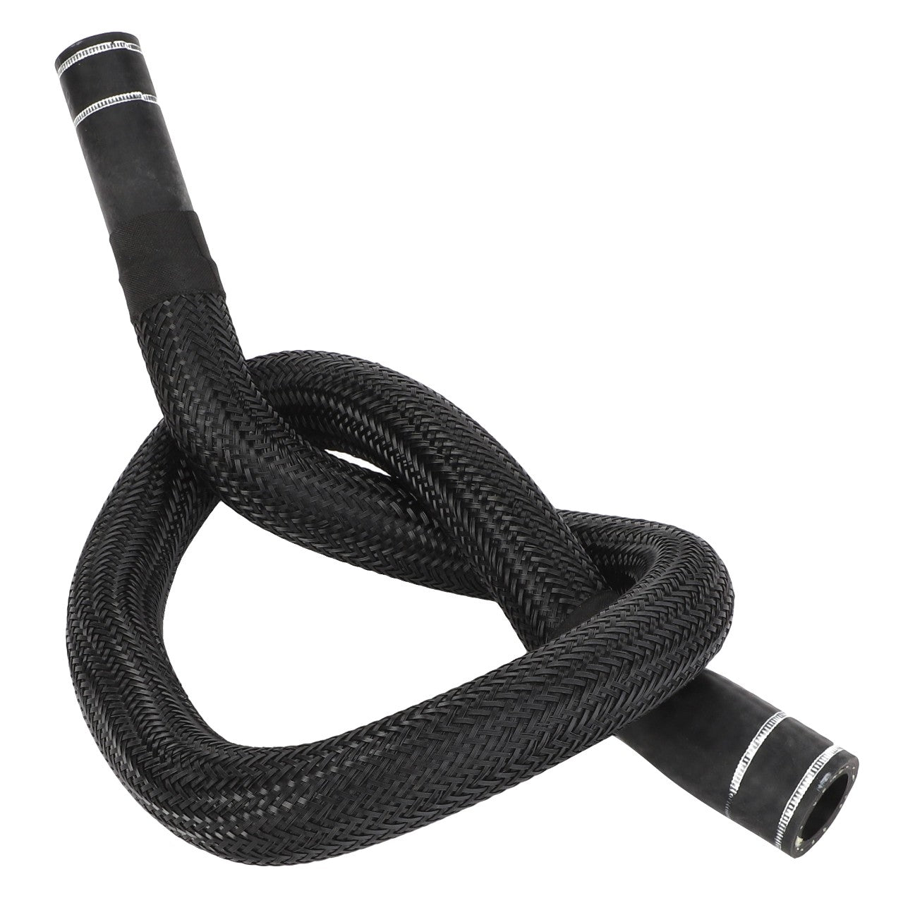 A black, flexible, braided hose identified as the AGCO | Coolant Hose - Acw550773A is twisted and coiled against a plain white background.