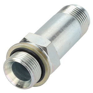 The AGCO ADAPTER - AL5028087 is a robust, metallic cylindrical pipe fitting with threaded ends and a central hexagonal nut for secure adjustments.