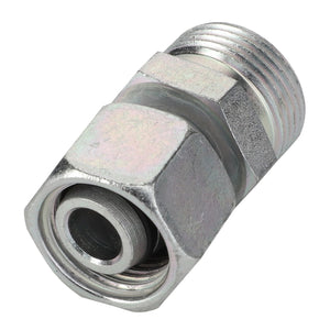 The AGCO | Reducer Fitting - Acw5795630 is a robust hexagonal metal coupling fitting with threaded ends, skillfully crafted for seamlessly connecting pipes or hoses.