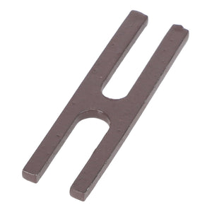 The AGCO | STOP PLATE - ACP0307060 is a metal alignment tool with a flat body and two prongs separated by a U-shaped cutout in the middle. For further product description or assistance with ordering, please reach out to our support team.