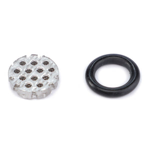 A small perforated metal disk and a black rubber O-ring, reminiscent of the AGCO Hydraulic Filter Cartridge - F930960660020, placed side by side on a white background.