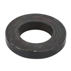 A black metal washer with a circular shape and central hole, viewed from a slight angle, commonly found in Massey Ferguson Models is the AGCO Flat Washer - 481810011400 by AGCO.