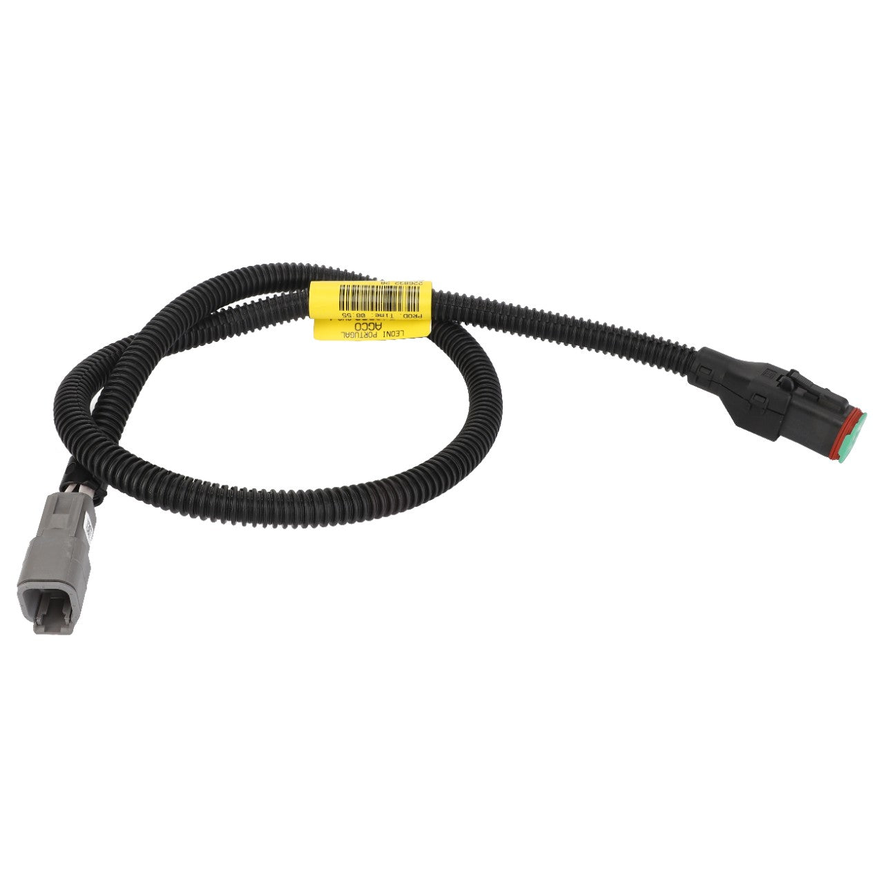 The AGCO Harness - Acx2548390 features a coiled wiring design with a yellow label and distinctive connectors, one in gray and the other in black.