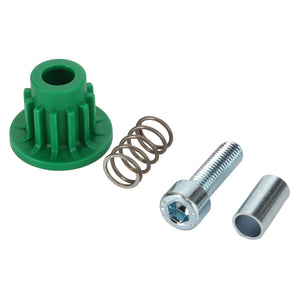 A green plastic AGCO knob, a metal spring, a hex bolt, and a metal cylinder are meticulously arranged on a white background. Please note that no current product description information is available.