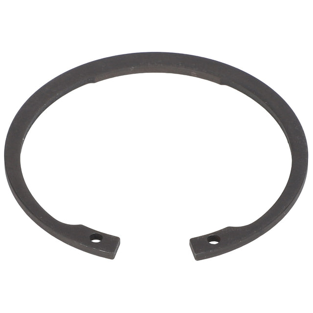 The AGCO Lock Washer - Fel107385, commonly referred to as a metal circlip or retaining ring, features two holes near each end and is designed to secure components onto a shaft or within a bore. More detailed product descriptions are currently unavailable.