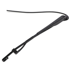 Introducing the AGCO | Wiper Arm - Acw0388350, a sleek black windshield wiper arm from AGCO. It features a thin, elongated design with a rectangular attachment point at one end and a flexible rubber blade at the other. Suitable for various vehicle models, this wiper arm ensures optimal performance in all weather conditions.