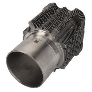 The AGCO Cylinder Liner - F214202210460 is a metallic engine component made from high-quality materials, featuring ribbed fins for cooling and a cylindrical opening, likely part of an air-cooled engine.